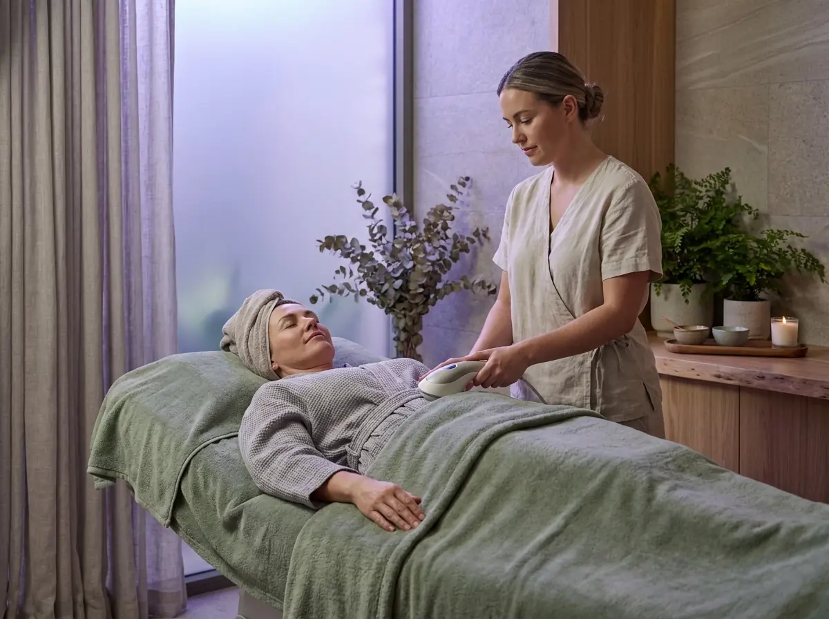 A guest resting under a sage blanket during a non-invasive body contouring session