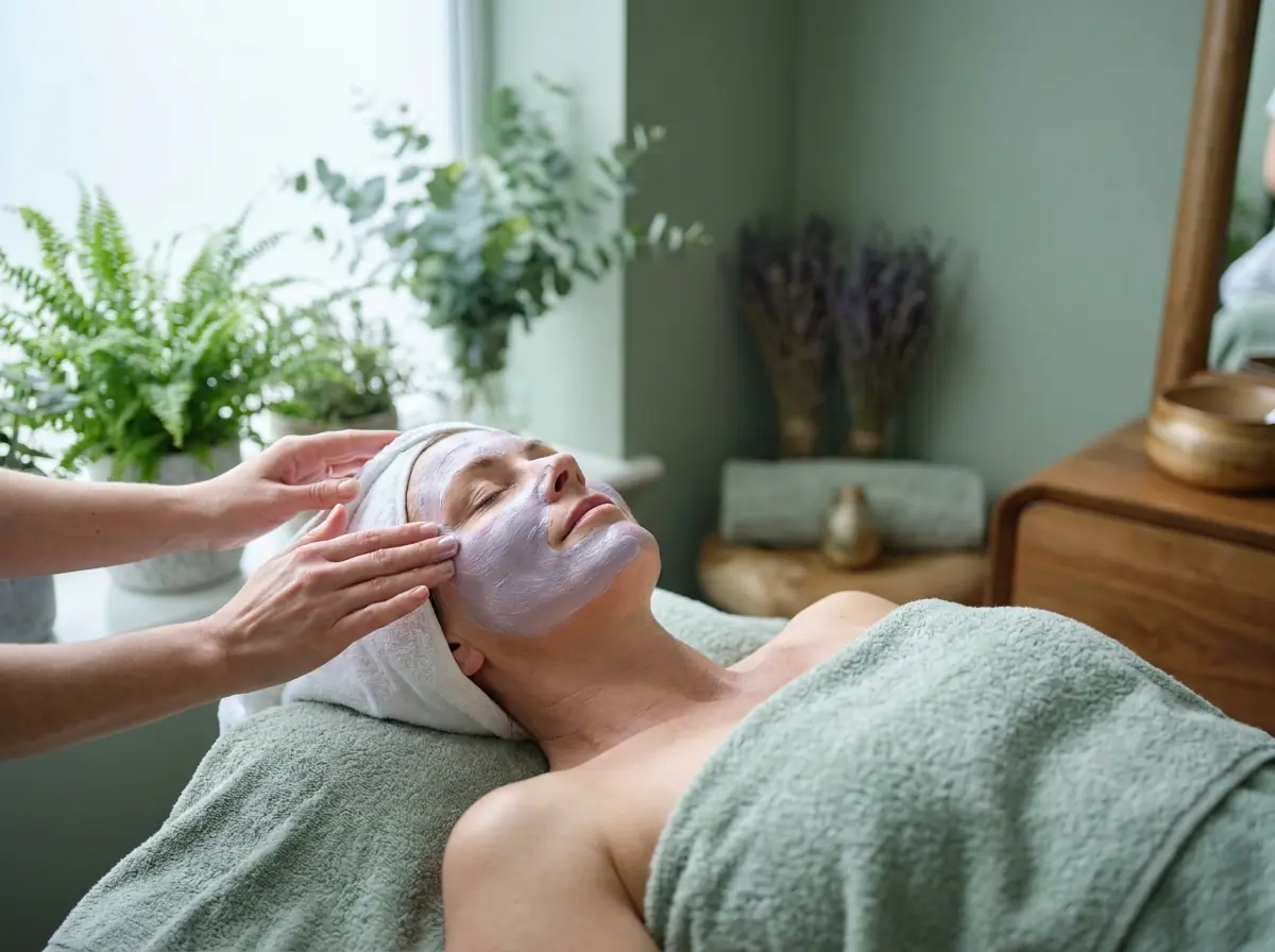 A guest with eyes closed during a facial treatment in a softly lit room