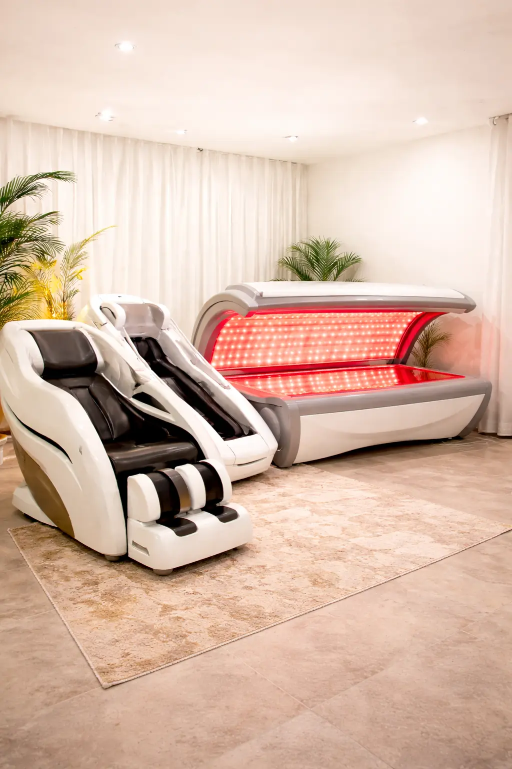 The recovery room, with a massage chair beside the red-light full-body pod