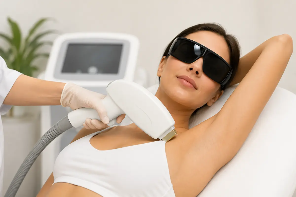 A guest in protective eyewear during an underarm laser hair removal session