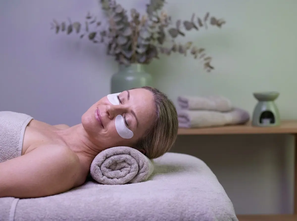 A guest resting with eyes closed and under-eye masks during a lash treatment
