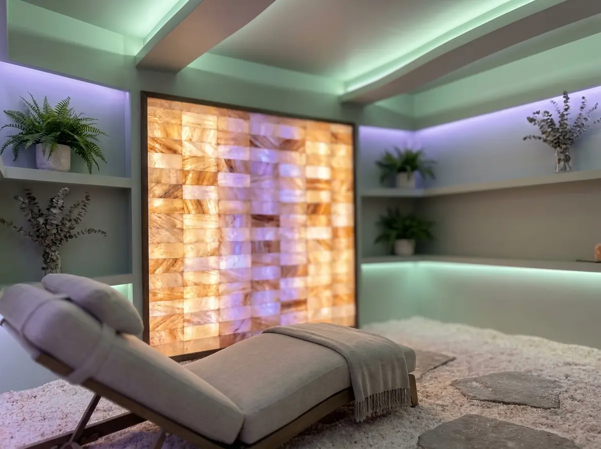 Backlit salt wall glowing beside a single reclining chair in the halotherapy room